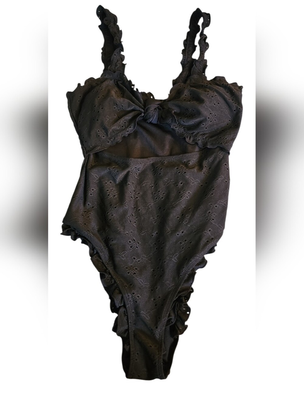 Women's Black Lace Ruffle Bow Knot Cute One Piece Cutout Swimsuit, M